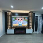 Modern wood and marble entertainment unit with open shelves – Hills Wide Kitchens