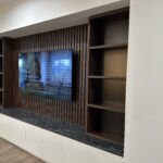 Modern wood and marble entertainment unit with open shelves – Hills Wide Kitchens