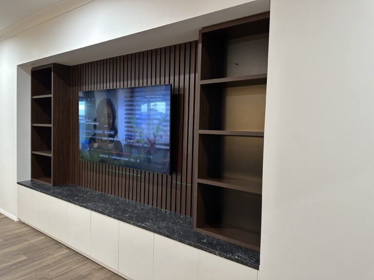 Modern wood and marble entertainment unit with open shelves – Hills Wide Kitchens
