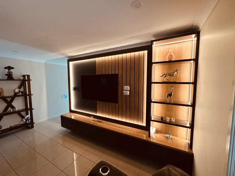 Hills Wide Kitchens - Floating Wood Panel TV Unit with backlight