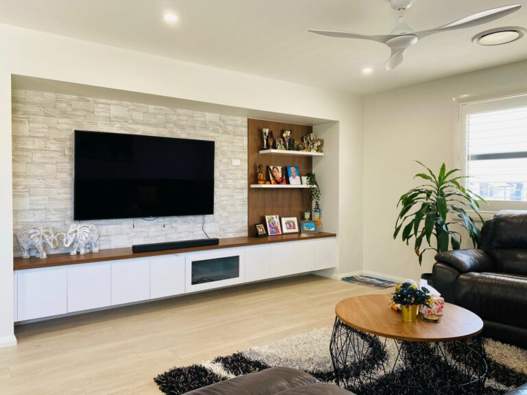 Customised entertainment unit with built-in shelves – Hills Wide Kitchens